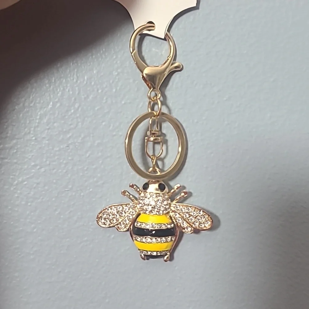 Bee Rhinestone Keychain Gold Tone Purse Clip